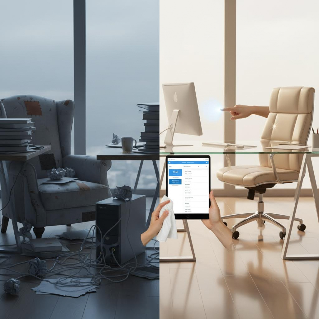 Чистый офис с упорядоченным рабочим столом и CRM-системой на экране — метафора порядка в бизнесе